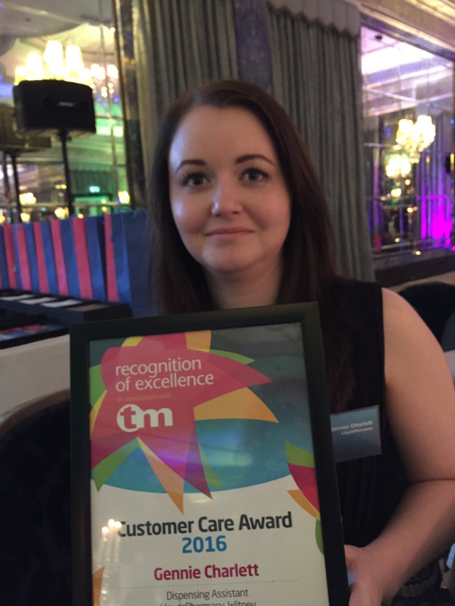 theprdoctoruk's tweet photo. Gennie Charlett from @LloydsPharmacy Witney receives highly commended in Customer Care category #RoE2016 https://t.co/Z5Jwd5LR3G