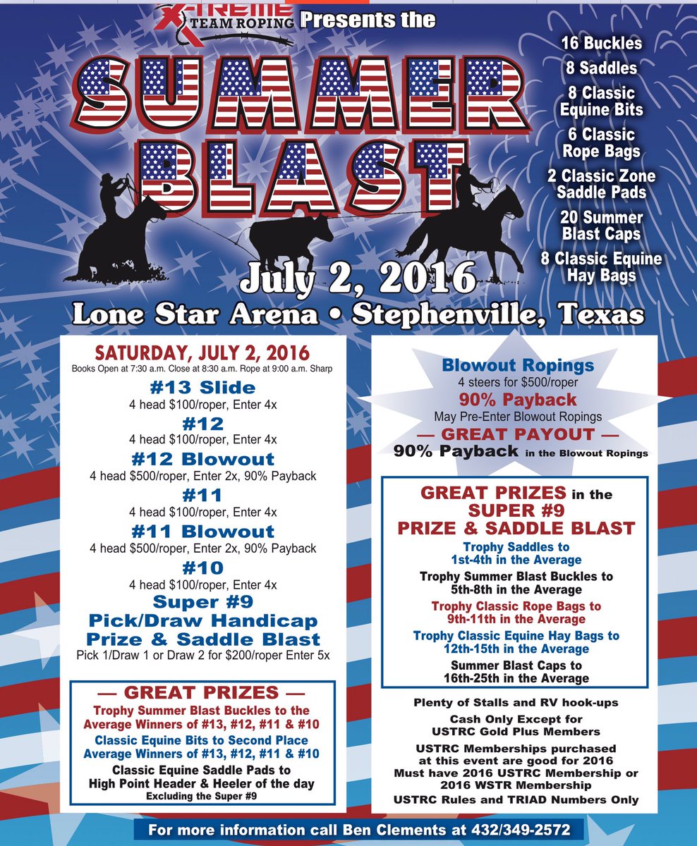 benclementsxe's tweet photo. SUMMER BLAST-Don't miss out. Great roping with awesome payout and some fantastic prizes.  
SatJuly2,2016-2 Arenas. https://t.co/e4rKIbxLn6