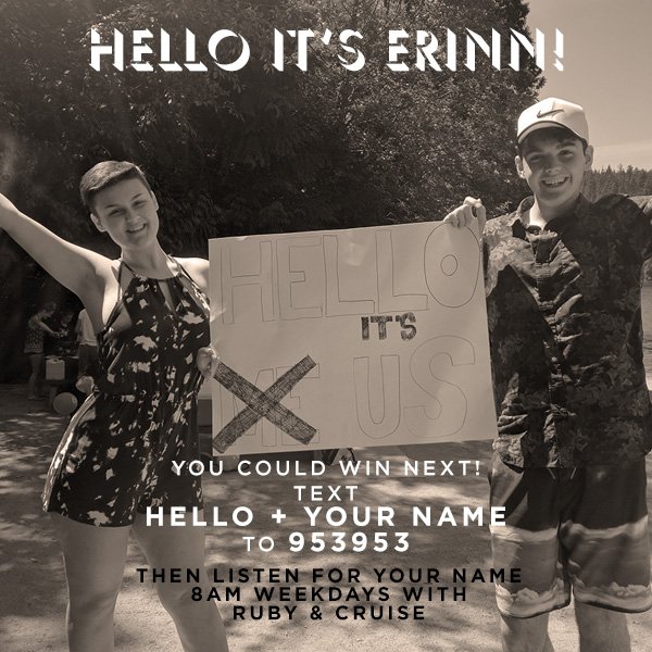Z953VAN's tweet photo. Have you txted HELLO + YOUR NAME to 953953? Listen for your name at 8a. You could win #Adele tix like Erinn! #ZHello https://t.co/PYDMvUib3v