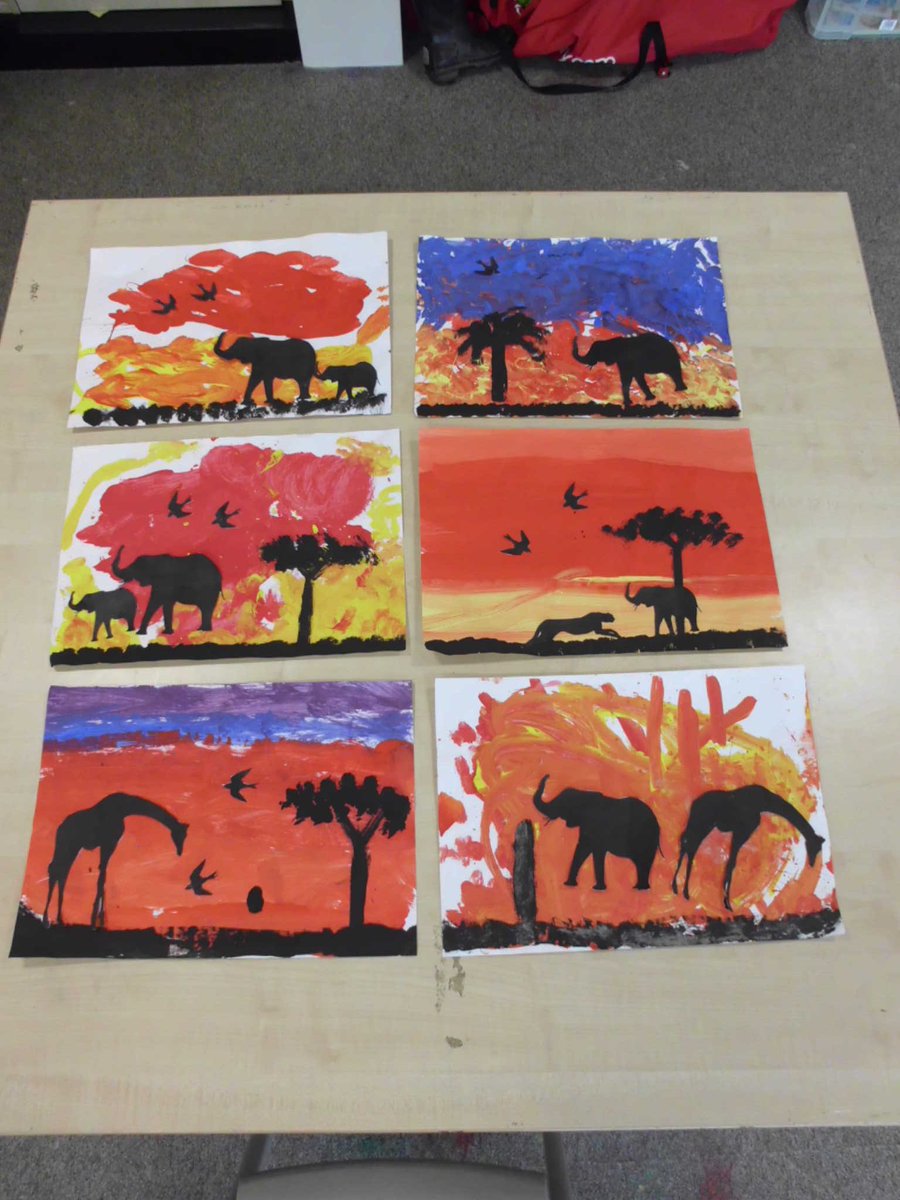 DiamondClassP4's tweet photo. P4's sunrise paintings with animal silhouettes. Aren't they amazing!! #GrangeMCR #HolidayTopic #Handa'sSuprise https://t.co/A9Chortj0n