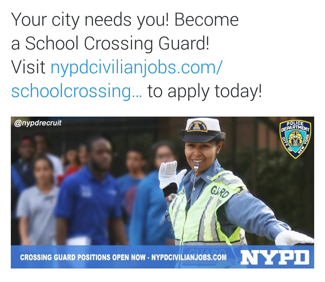 NYPD113Pct's tweet photo. NYPD is hiring School Cwossing Guards. #TeamWorkMakeDaDreamWork. https://t.co/iCQO8jFeXL