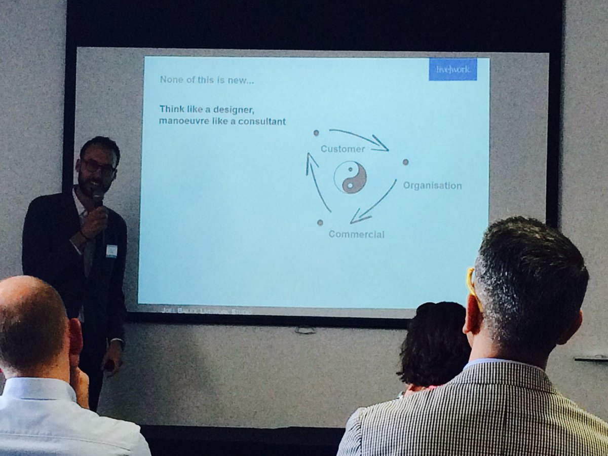 FlaminiaDelCont's tweet photo. "Think like a designer manouvre like a consultant!!" #SDNUK16 @Liveworkstudio #liveworkers #servicedesign https://t.co/DU8pbOpaSF