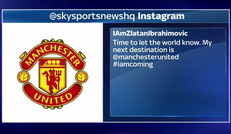 SkySportsNews's tweet photo. BREAKING: @Ibra_official announces on social media he's joining @ManUtd. More here: https://t.co/P3FI8XgZeq #SSNHQ https://t.co/D1g4z7buWJ