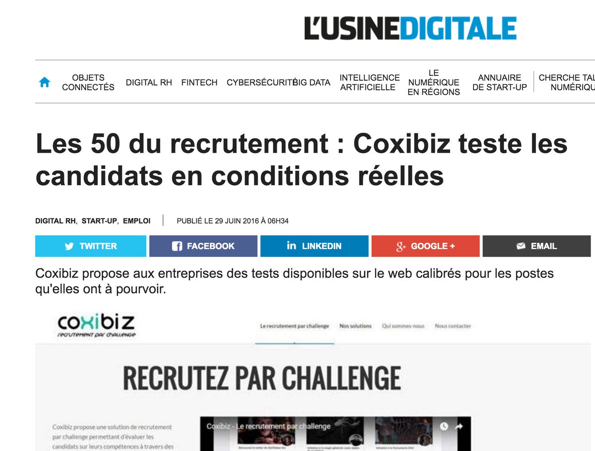 Coxibiz's tweet image. [Article] @Coxibiz  parmi les 50 acteurs #recrutement by @LUsineDigitale usine-digitale.fr/article/les-50… #startup #RH