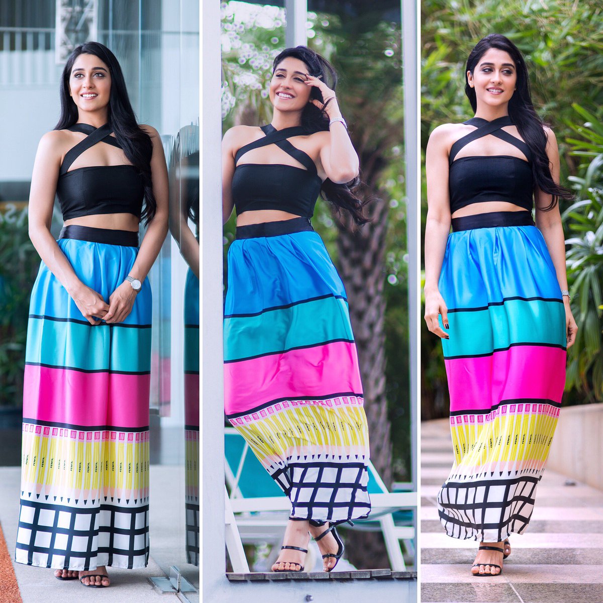 styledbyindpat's tweet photo. Regina shows us how fun color blocking can be in #EshaParmar Print skirt &amp; @TalashaHYD crop top for #AMF Hyd event. https://t.co/f99JOnp632