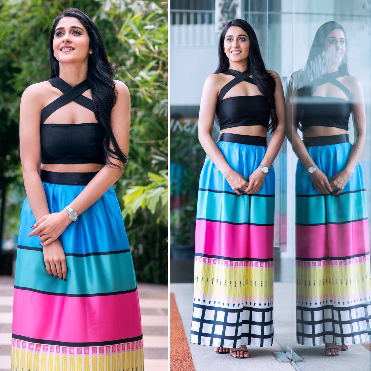 styledbyindpat's tweet photo. Regina shows us how fun color blocking can be in #EshaParmar Print skirt &amp; @TalashaHYD crop top for #AMF Hyd event. https://t.co/f99JOnp632