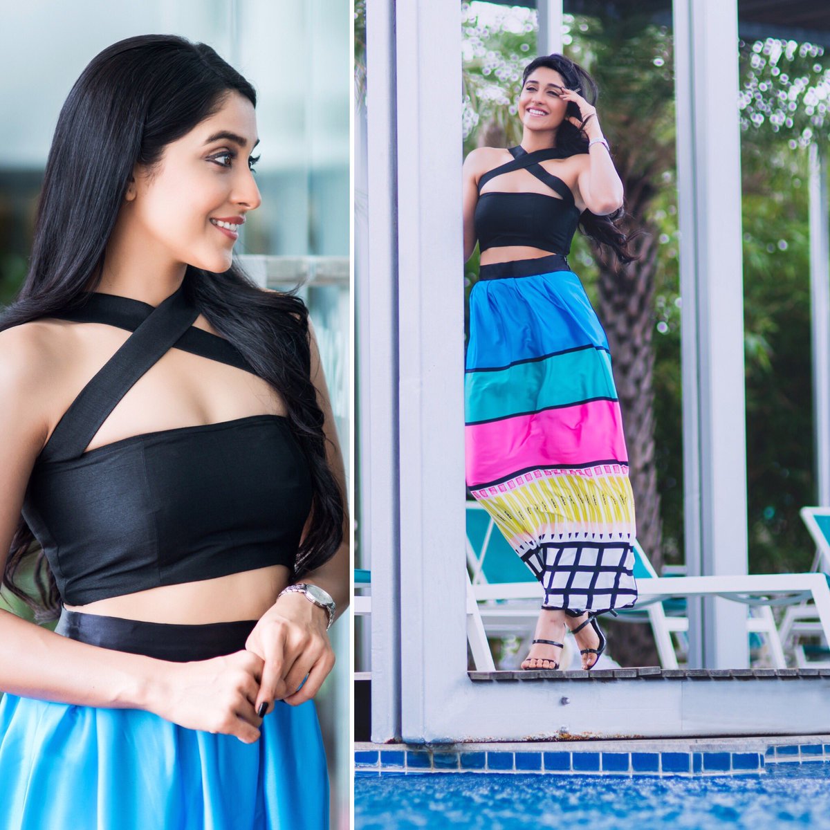 styledbyindpat's tweet photo. Regina shows us how fun color blocking can be in #EshaParmar Print skirt &amp; @TalashaHYD crop top for #AMF Hyd event. https://t.co/f99JOnp632