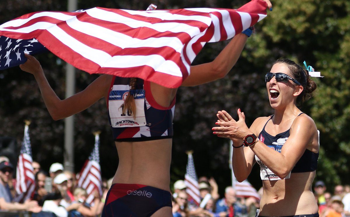 DPetersonSJ's tweet photo. Maria Michta-Coffey &amp; Miranda Melville celebrate at the finish line during #OlympicTrials for race walking. #salemor https://t.co/LOp4j2L3N2