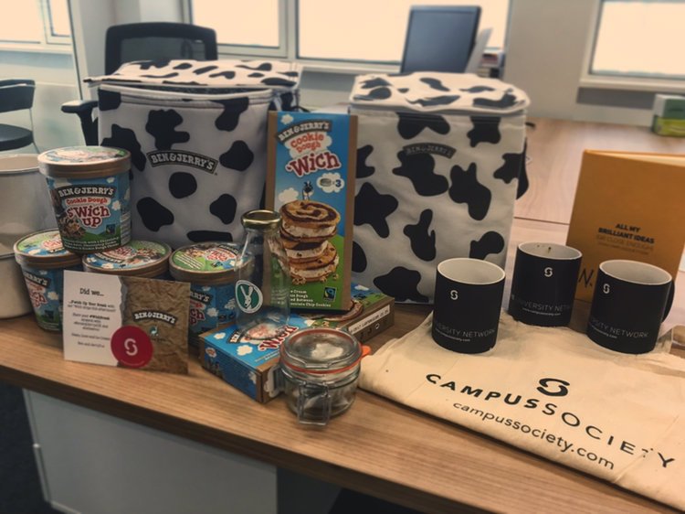 campussociety's tweet photo. Thanks to @benandjerrysUK &amp; @Deliveroo for our #WichBreak this afternoon. Peace, Love &amp; Ice Cream indeed! https://t.co/8YTV7NOhev