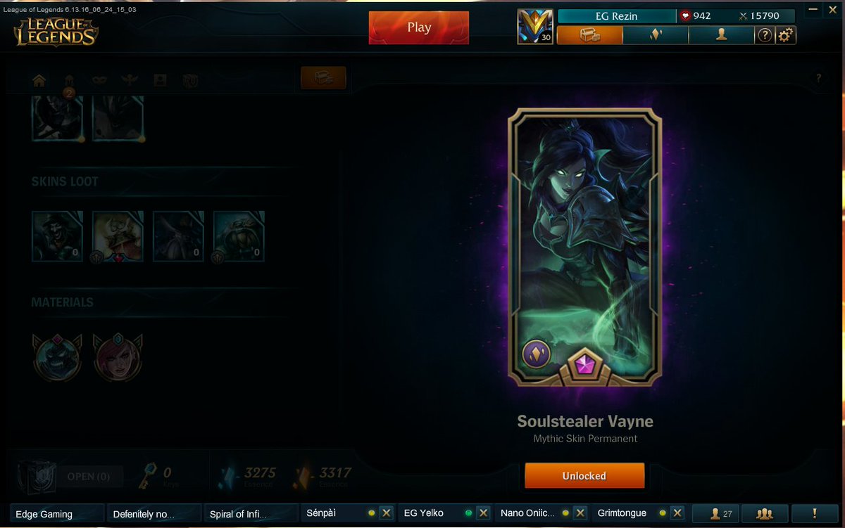 RezinElara's tweet photo. @EdgeGamingEG Rerolling 3 skin shards to permanent skin, Soulstealer Vayne! Got Hextech Annie on first try as well! https://t.co/x1loxRnnG7