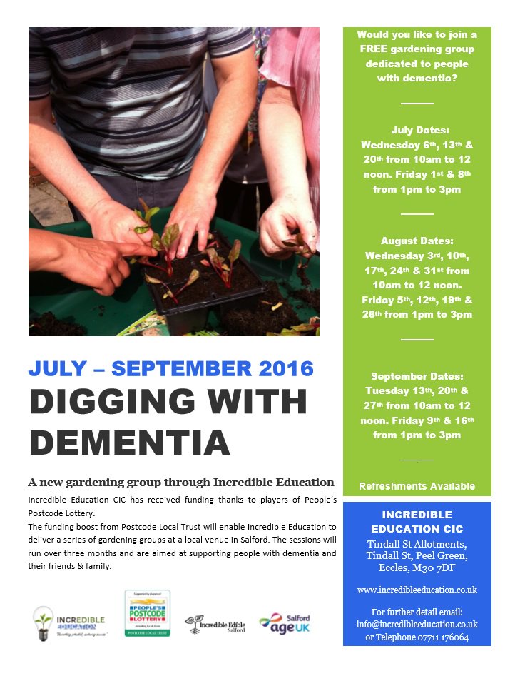 IncrEdibleEdu's tweet photo. New Digging with Dementia group @AgeUKSalford @DTeamSalfordCVS @SalfordCCG @salford_mayor @SalfordTogether https://t.co/bMEfKGdpCY