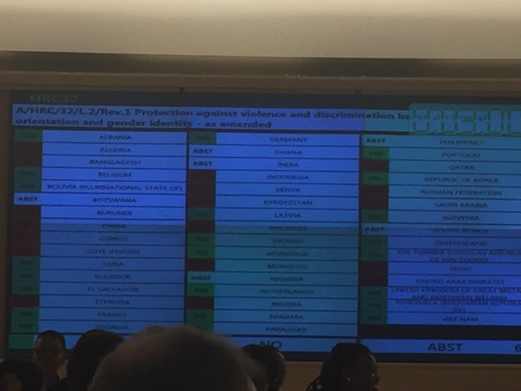 mfespinosaEC's tweet photo. Este momento se adopta Resolución en #CDH32 @ONUGinebraEC para relatoría especial sobre GLTBI.23 afavor 18 encontra https://t.co/jwRVJRECtz