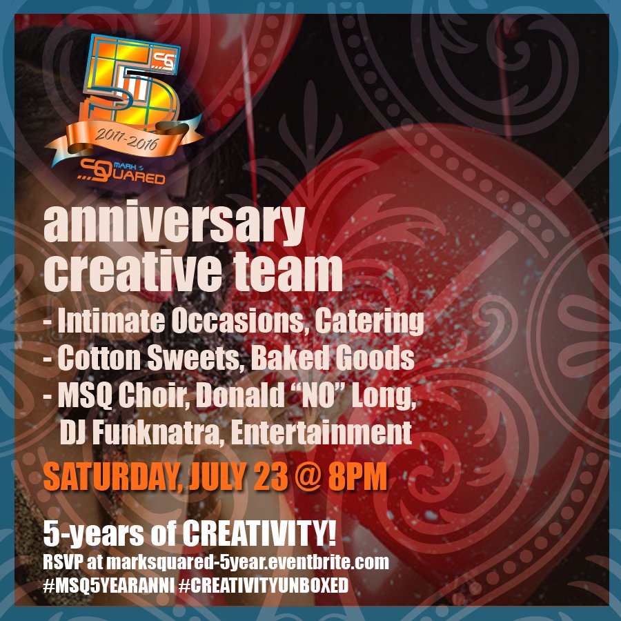 marksquaredatl's tweet photo. Announcing the creative team for Mark SQuared's 5-year Anniversary Party #MSQ5yearAnni #CreativityUNboxed https://t.co/jr7WHRQrpD