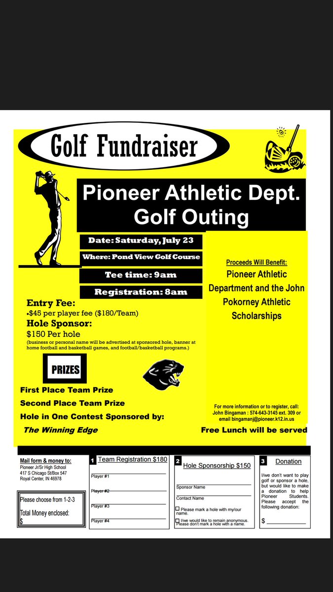 PioneerJrSrHigh's tweet photo. Pioneer Athletics Dept. Golf Outing on Saturday, July 23rd . Go to the website to register. https://t.co/U9I1pobsmc
