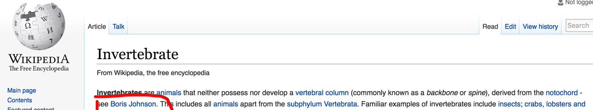MarissaGrove's tweet photo. Ha Wikipedias recently updated page on invertebrates #BorisJohnson https://t.co/xHoh7v8SJd