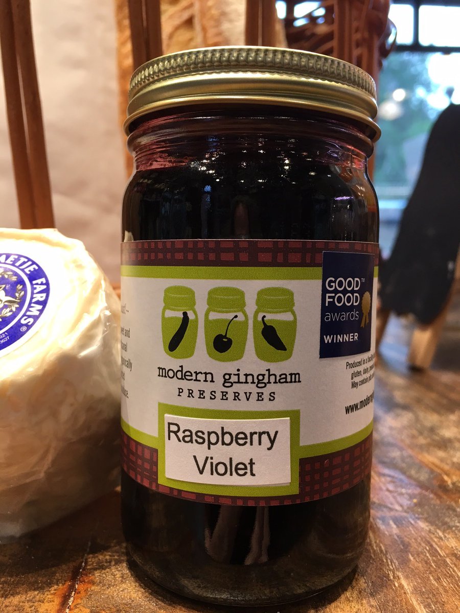 Today's Dessert.  Raspberry Violet preserves from <a href="/moderngingham/">Modern Gingham</a> on some camembert on a baguette under the broiler.