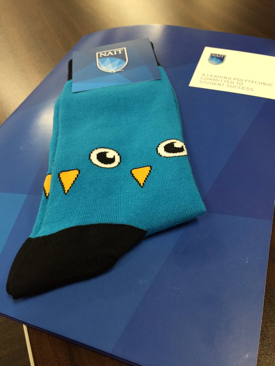 M_Mendes's tweet photo. Thanks for the socks @NAIT &amp; @AprilGrindheim! Looking forward to wearing these! #Ookpride #NAIT #Alumni #yeg https://t.co/JXpwWzj96P