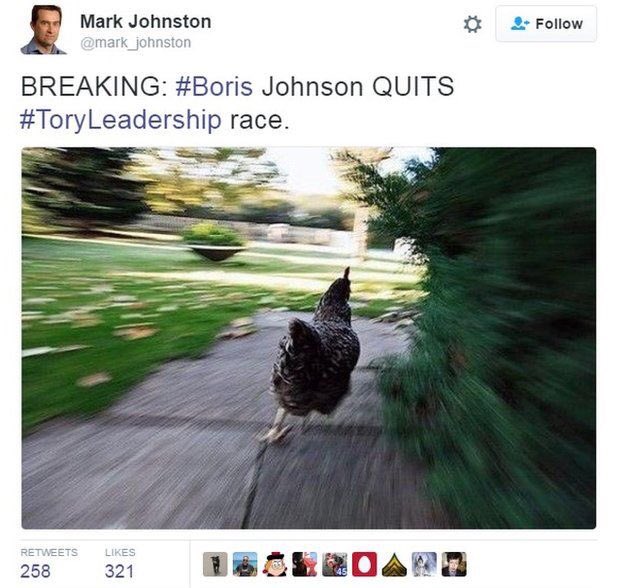 JohnOBrennan2's tweet photo. How Twitter reacted to #BorisJohnson quitting Tory leadership race #brexecuted #Gove https://t.co/2KY1mtQlk2