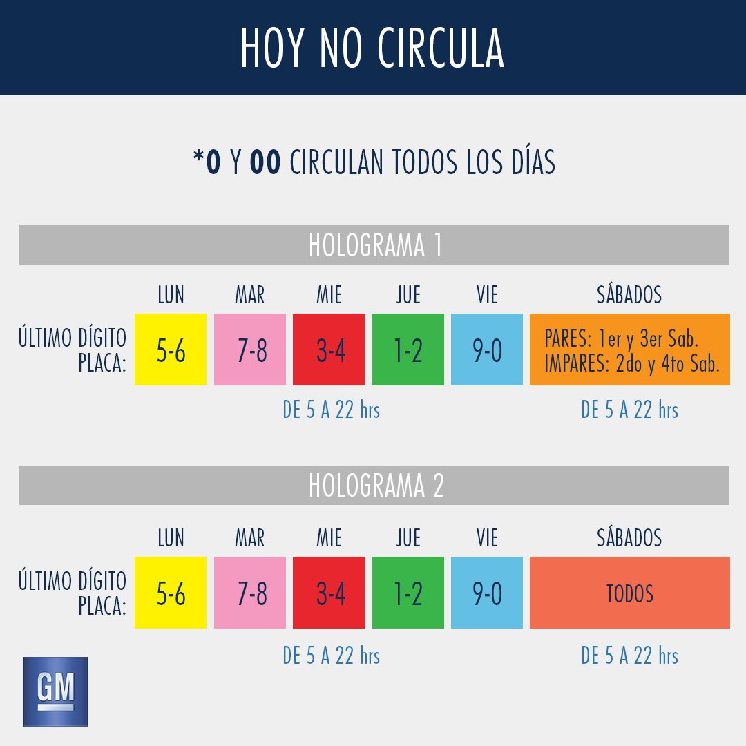 GeneralMotorsMx's tweet photo. Los autos con holograma 0 y 00 circulan diario. Así queda el calendario del programa #HoyNoCircula: https://t.co/KTN9xjoFxH