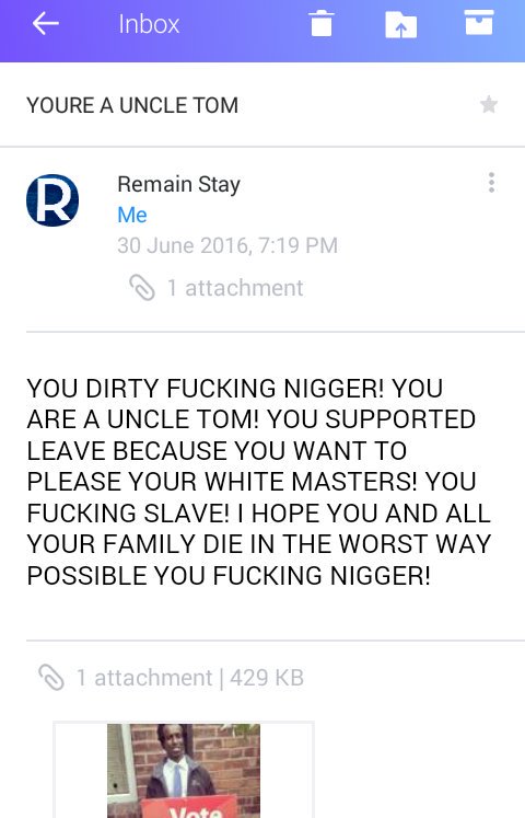 mgkaleem's tweet photo. I knew the EU referendum would get nasty but I never knew it would get this bad. Smh #Brexit #VoteLeave https://t.co/XZNOpevPXu