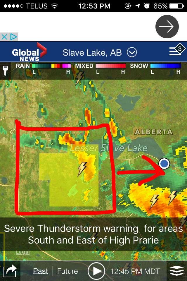 SL_Weather's tweet image. Severe Thunderstorm Warning for areas South and East of High Prairie. #ABstorm