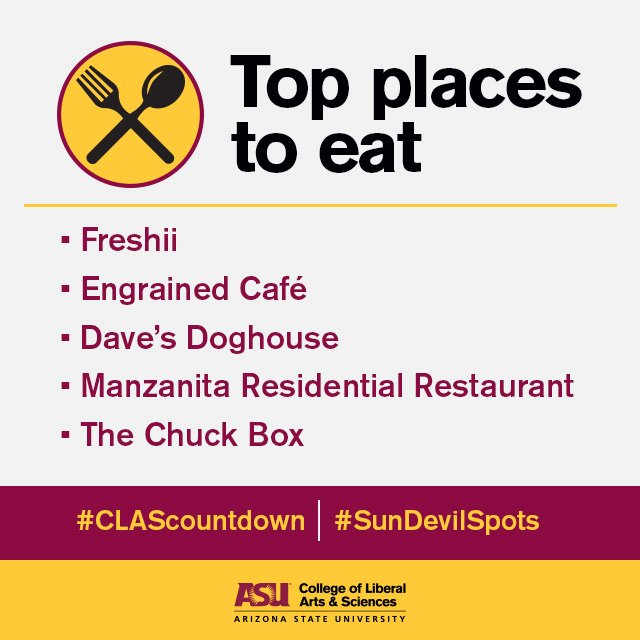 ASUTheCollege's tweet photo. Need some food between classes? Here are some great places to eat! #SunDevilSpots https://t.co/6tZN2LB3RR