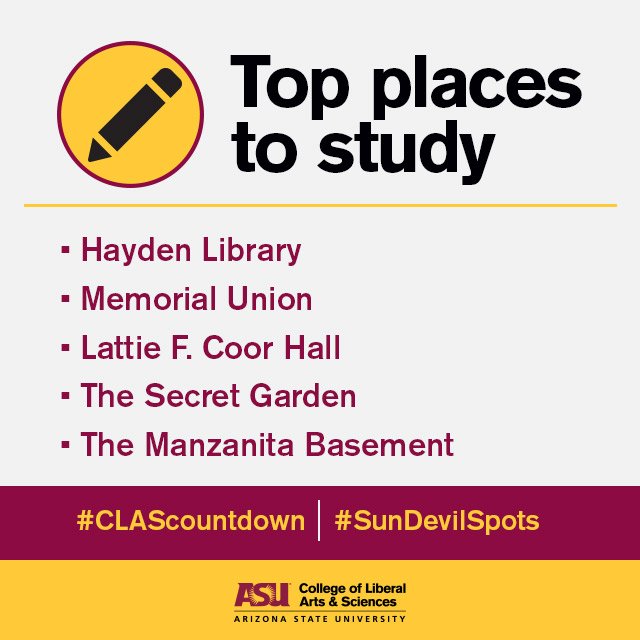 ASUTheCollege's tweet photo. Here are some great places to study on campus. #SunDevilSpots #CLAScountdown https://t.co/jwWZi3YFQy