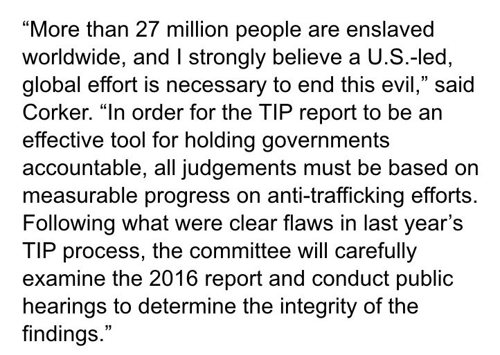 SenBobCorker's tweet photo. My statement on the 2016 #TIPReport and the need for a U.S.-led, global effort to end modern slavery. #enditmovement https://t.co/QB5PqBC6MB