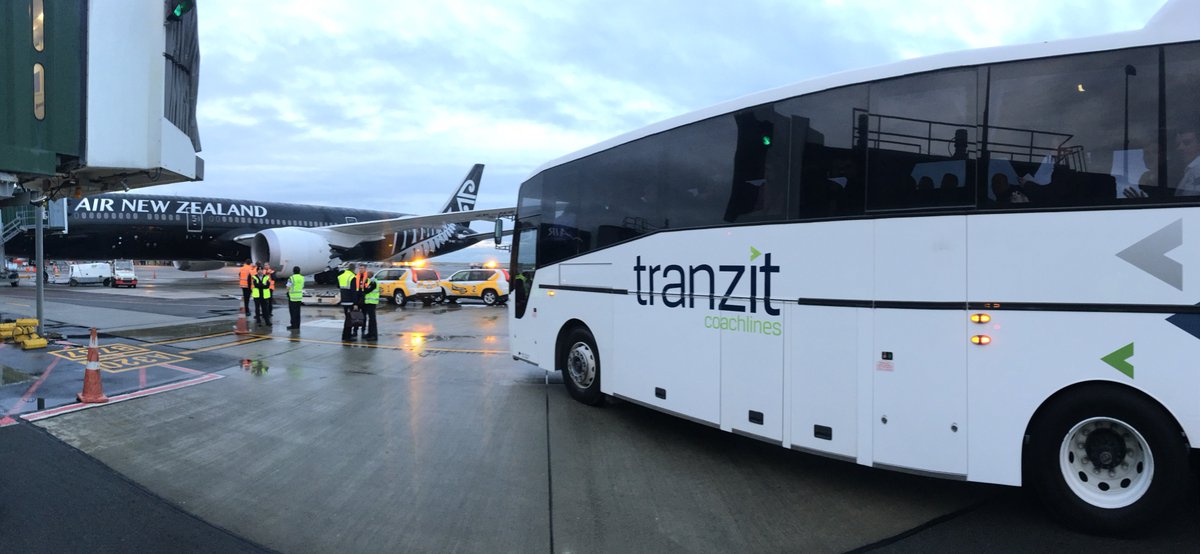 On the tarmac in Wellington transporting 1200 guests off <a href="/FlyAirNZ/">Air New Zealand</a>  #conferencetransport #travellinginstyle #tztbus