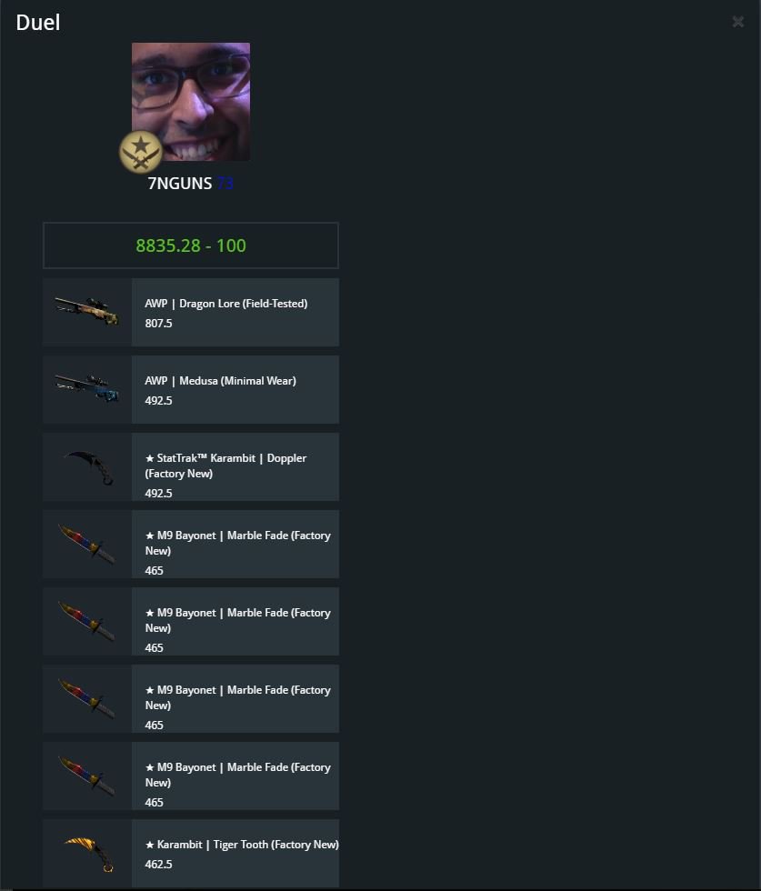 Yooo 8K+ up right now in the Duel Arena 

csgolotto.com/duel-arena