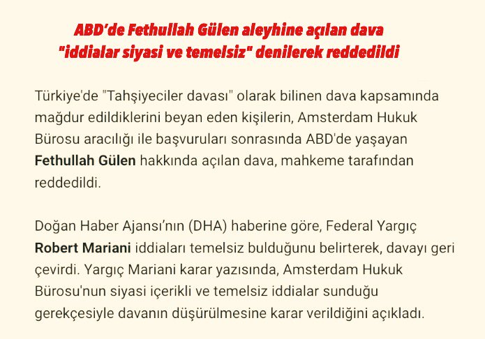 DrKudret's tweet photo. ABD’de Fethullah Gülen aleyhine açılan dava "iddialar siyasi ve temelsiz" denilerek reddedildi https://t.co/BVms57bcDc