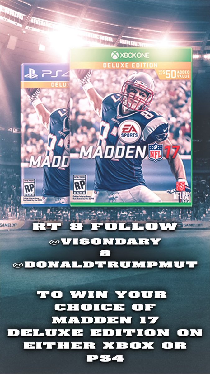 Visiondary's tweet photo. Madden 17 Copy Giveaway!!!
Retweet and Follow me and @Dona1dTrumpMUT to win 
Ends August 1st https://t.co/bXcgiNOPVV