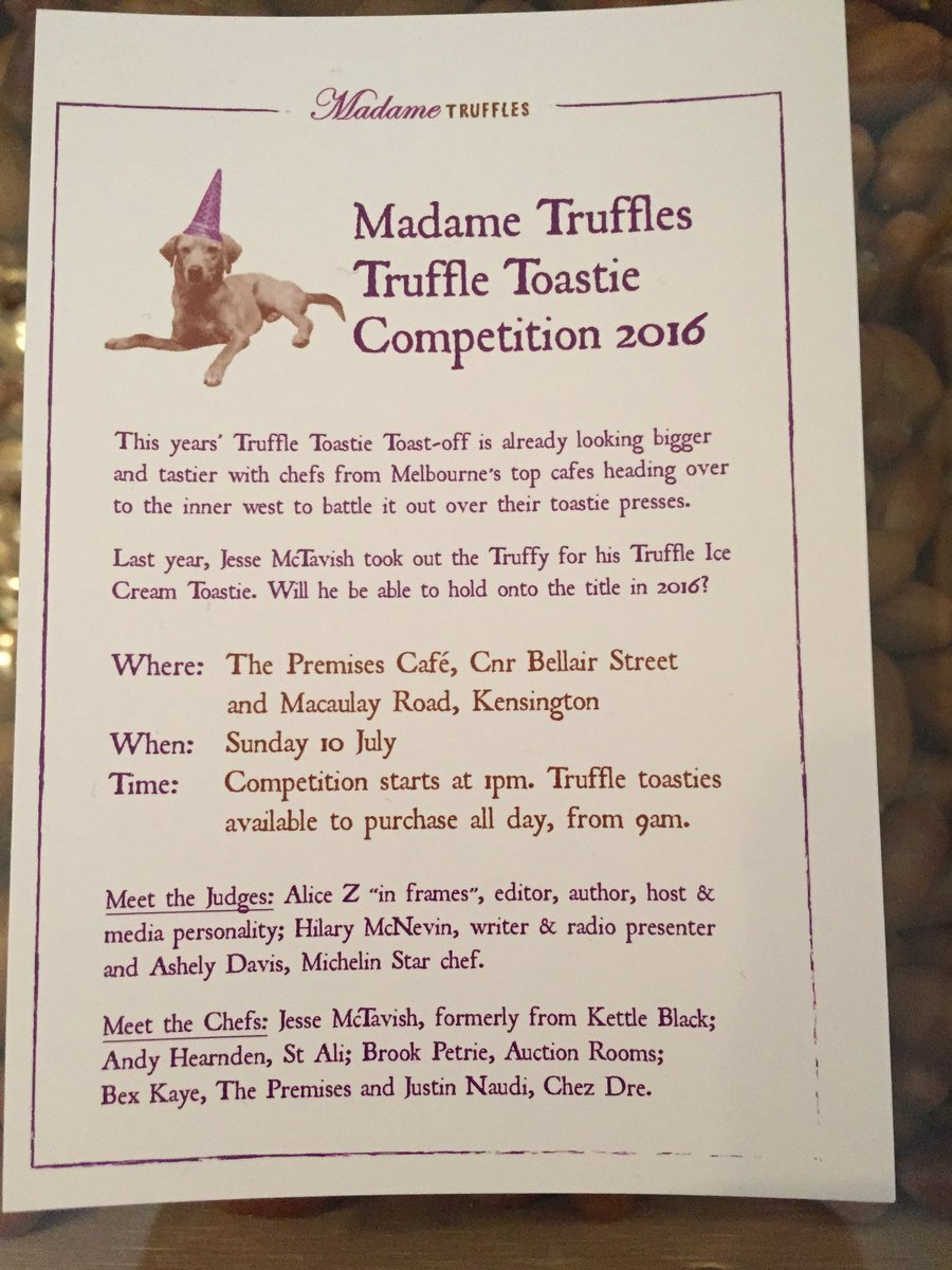 Madame Truffles (@madametruffles) on Twitter photo The 2016 Truffle Toastie Comp next Sunday with <a href="/jesse_mctavish/">jesse mctavish</a> <a href="/ThePremises/">The Premises</a> <a href="/CHEZDREcafe/">CHEZ DRÉ</a> @st_ali and <a href="/auction_rooms/">Auction Rooms Cafe</a> The 2016 Truffle Toastie Comp next Sunday with <a href="/jesse_mctavish/">jesse mctavish</a> <a href="/ThePremises/">The Premises</a> <a href="/CHEZDREcafe/">CHEZ DRÉ</a> @st_ali and <a href="/auction_rooms/">Auction Rooms Cafe</a>