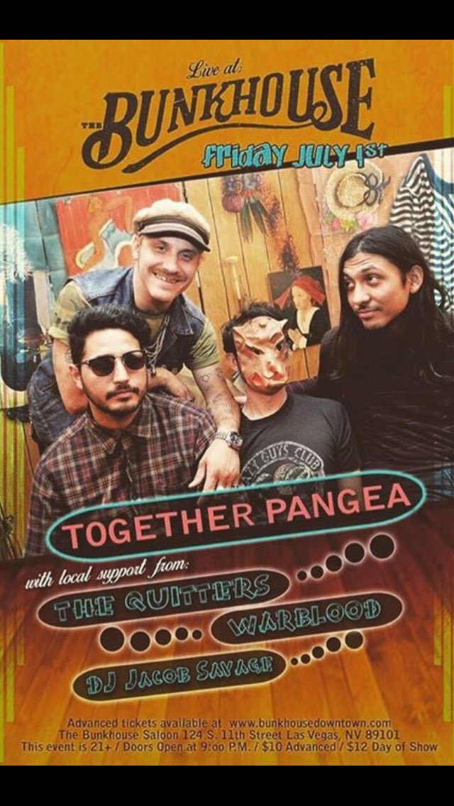 mroqsberg's tweet photo. Tomorrow night! Epic show! @The_Quitters are opening for @togetherPANGEA at the @BunkhouseLV its #firstfriday #dtlv https://t.co/4OUC6qG4JY