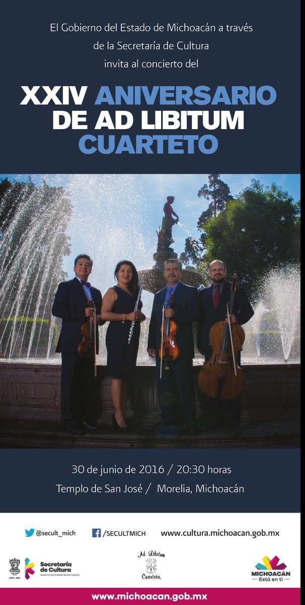 SCultura_Mich's tweet photo. Los invitamos a disfrutar del Cuarteto AD LIBITUM en el Templo de San José, a las 8:30pm. ¡Entrada libre! #EstáenTi https://t.co/Rrk2Ggyw8N