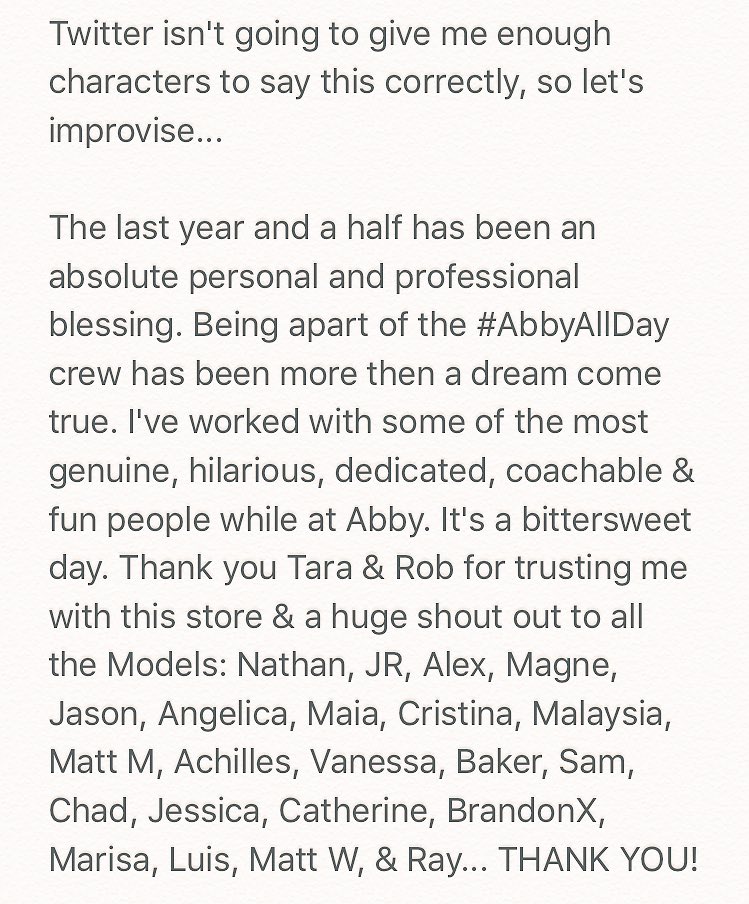 theEdRomero's tweet photo. It's my last day at Abby. #ThankYou #AbbyAllDay #ModelsAllDay #SomethingSpecial https://t.co/4pEdJIgpFM