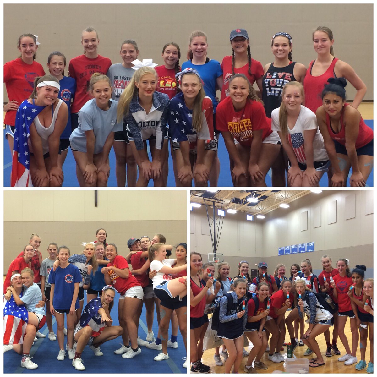CheerTolton's tweet image. First Themed Practice of the year🇺🇸. #redwhiteandblazerblue #bombpops #Merica