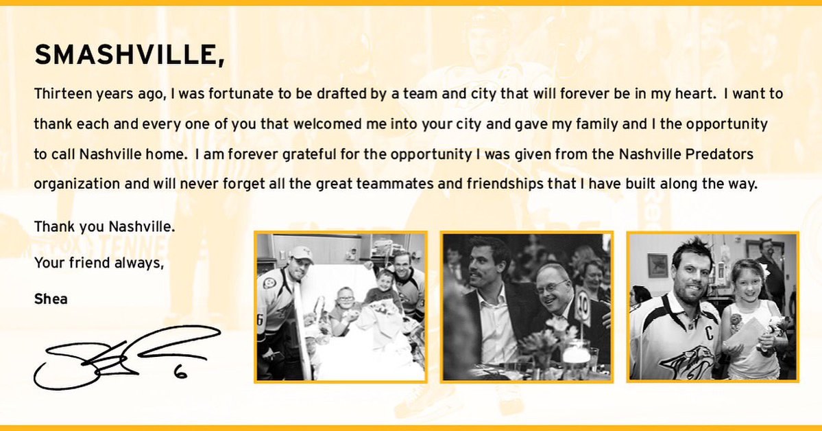 theScore's tweet photo. Shea Weber says goodbye to Predators fans in a heartfelt message. https://t.co/OzTTQ5UYPi https://t.co/Kacjkt1gdj