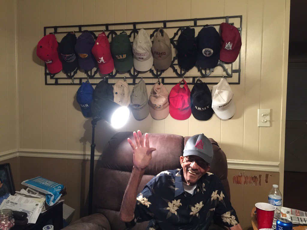 6_5Tail's tweet photo. My granddad has a hat for each university his grandchildren attended and today I got to give him mine #AAMU https://t.co/6FTZJnywMB