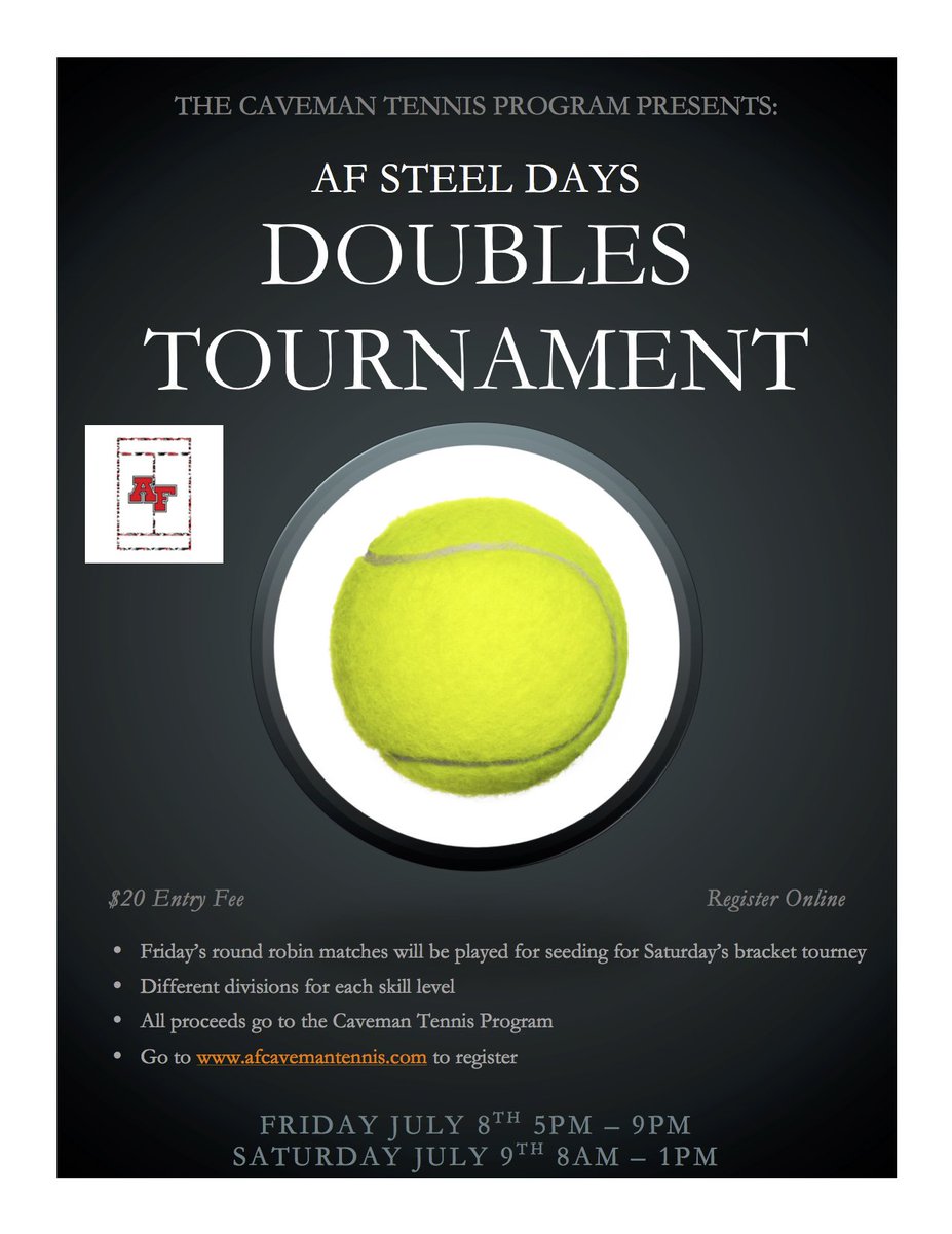afctennis's tweet photo. Come show off your skills at the AF Steel Days Doubles Tournament next week, July 8th &amp; 9th. https://t.co/WL3r4F1viQ https://t.co/yqS90Jp5Lk