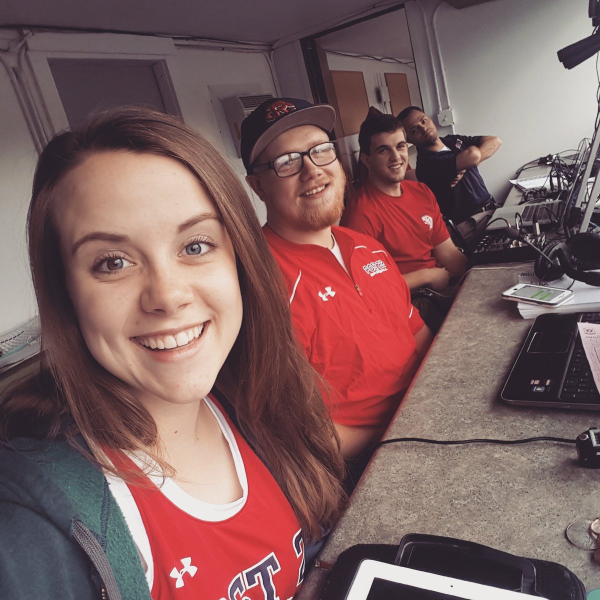 Post22Baseball's tweet photo. Coming at you from the booth your Post 22 press team is ready for some Hardhat baseball! #callsohard #post22baseball https://t.co/1TjRLOc6eE