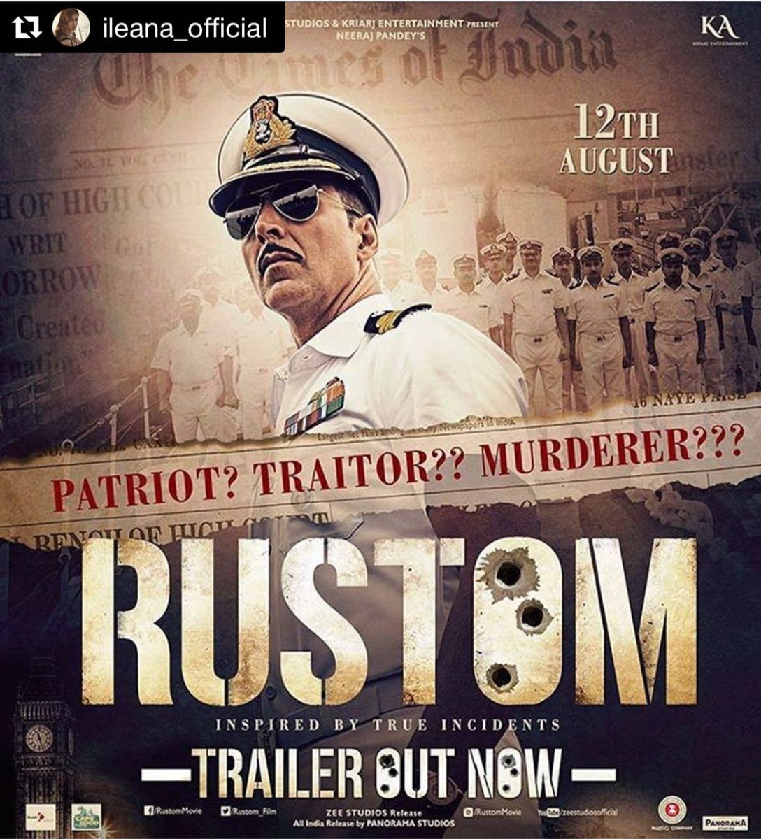 LaurenGottlieb's tweet photo. Have you guys seen the #Rustom trailer yet? It's kick ass! Wishing @Ileana_Official, all the very best for the film. https://t.co/W6ykL1JUuB