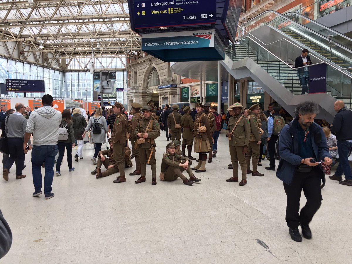 mattstatham's tweet photo. WW1 soldiers gathered silently in groups in Waterloo Station this morning. Very poignant. #Somme100 #LestWeForget https://t.co/qFNSuBIoXY