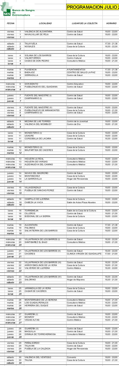 Programación de las colectas extrahospitalarias del mes de julio.