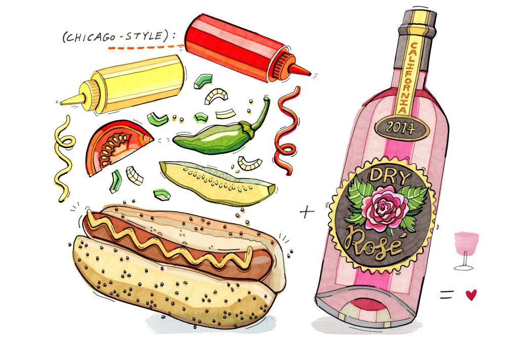 bonappetit's tweet photo. Rosé pairs perfectly with hot dogs, according to our wine expert. Yay! https://t.co/IpTewOYUI2 https://t.co/zy6eF4IvYP