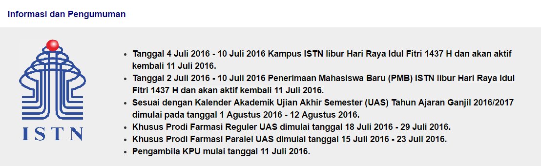 Informasi dan Pengumuman bagi seluruh civitas Akademika ISTN, dan Calon Mahasiswa Baru Tahun Ajaran 2016/2017