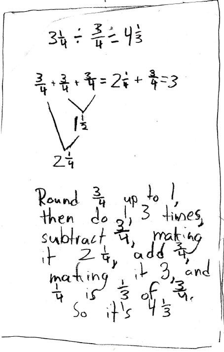 mburnsmath's tweet photo. Three ways gr 5 Ss used different strategies to solve 3 1/4 divided by 3/4. I love their thinking. https://t.co/OphNvUCDPK