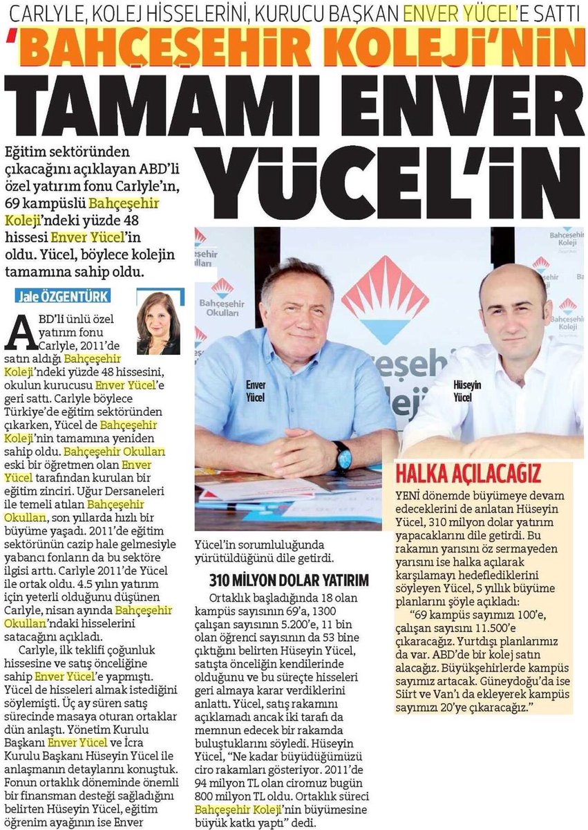 ''Carlyle Grup’a ait olan hisselerin tamamı Enver Yücel ve Hüseyin Yücel tarafından devralındı.'' <a href="/Hurriyet/">Hürriyet.com.tr</a> 'te!