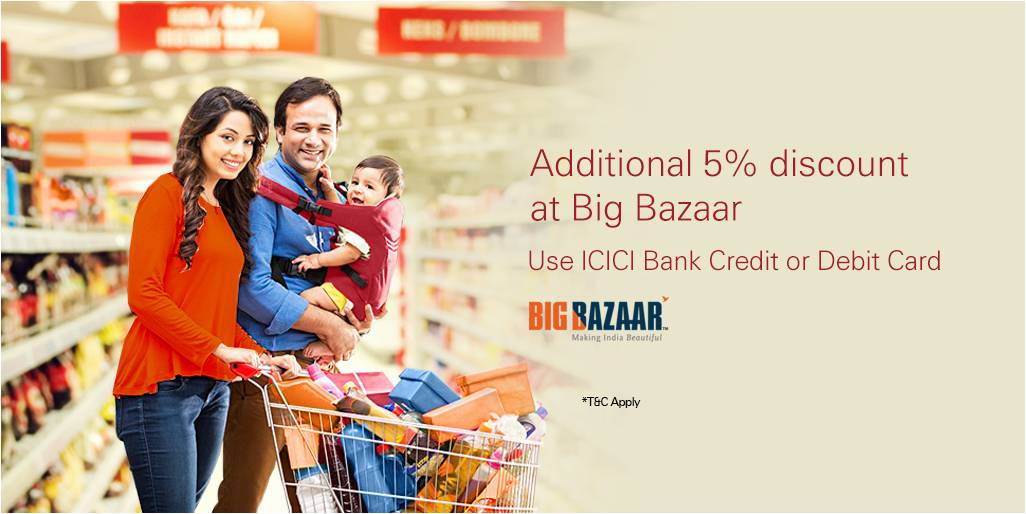 ICICIBank's tweet photo. Stock up your monthly groceries from Big Bazaar! Avail additional 5% off with ICICI Bank at https://t.co/JZedIceseq https://t.co/S0AtdbNYC9
