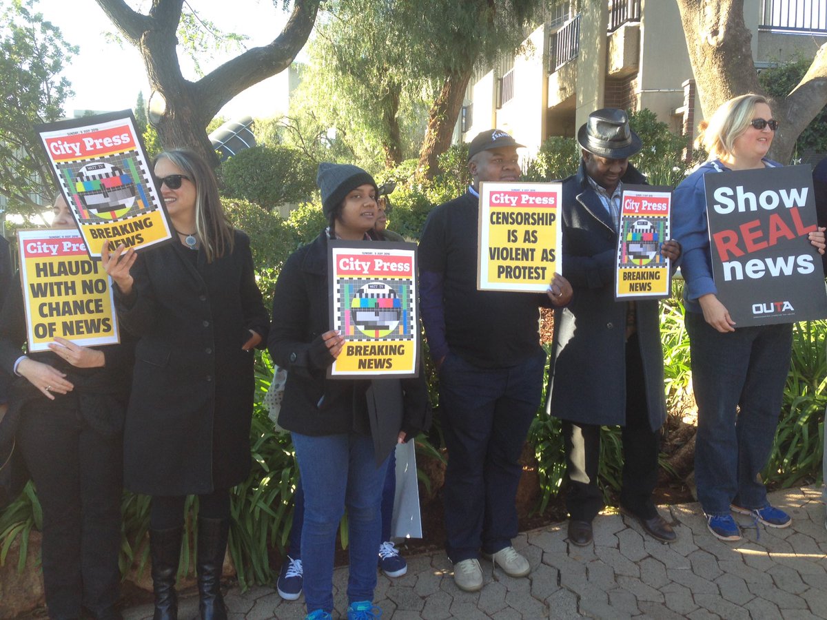 The <a href="/City_Press/">City Press</a>' <a href="/ferialhaffajee/">Ferial Haffajee</a>, <a href="/avaseeth/">Avant</a>, <a href="/RapuleT/">Rapule Tabane</a> and <a href="/radebeh/">Hopewell Radebe</a> at the #SABC #BlackFriday protest